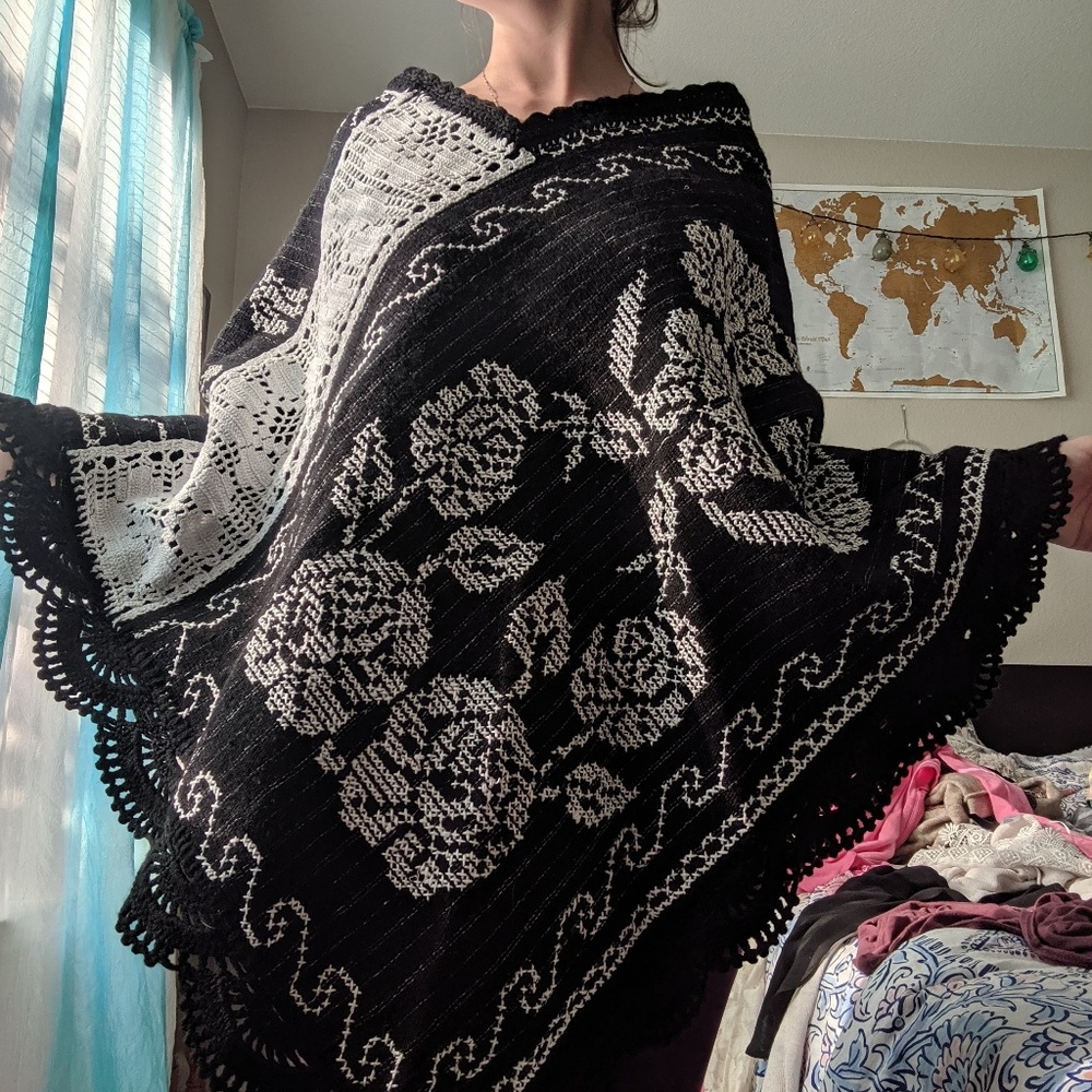 Black and White poncho with flower pattern